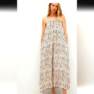 MANGO Ruched straps Printed maxi dress In Cream/black. Size 0